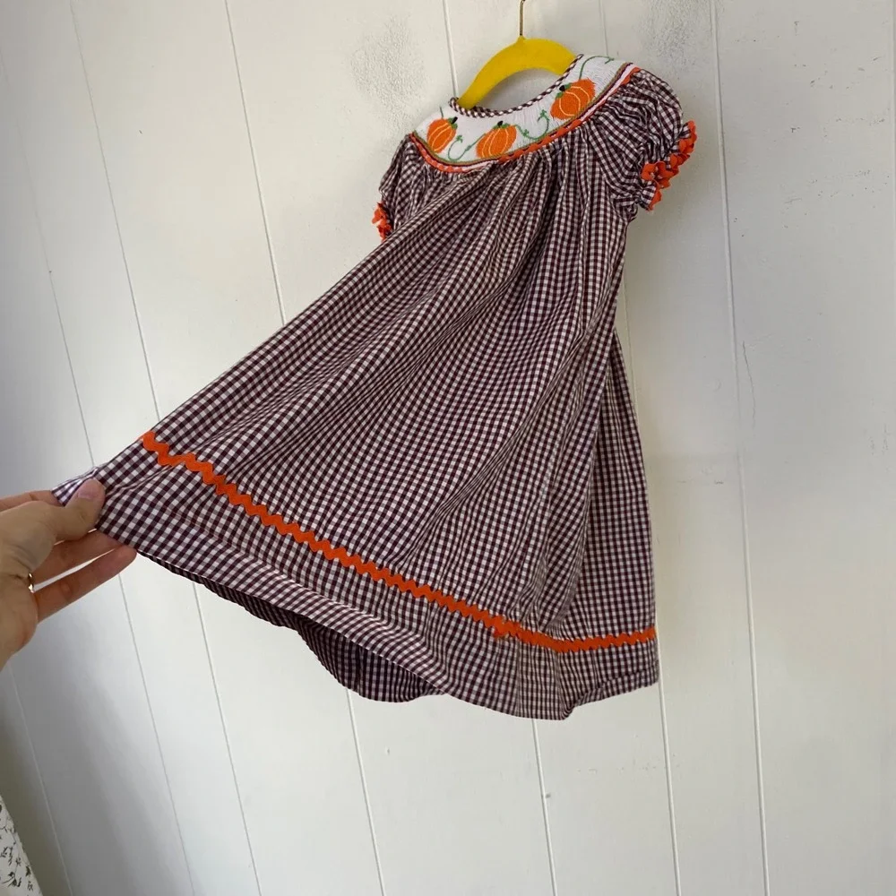 Marmellata Girls sz 3T Brown Gingham Smocked Pumpkin Thanksgiving Dress